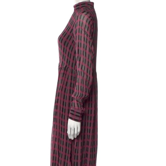 GANNI Mock Neck Dress Size 40 Long Sleeves Pleated Midi Plaid Size 10 Pink AA - Picture 13 of 13